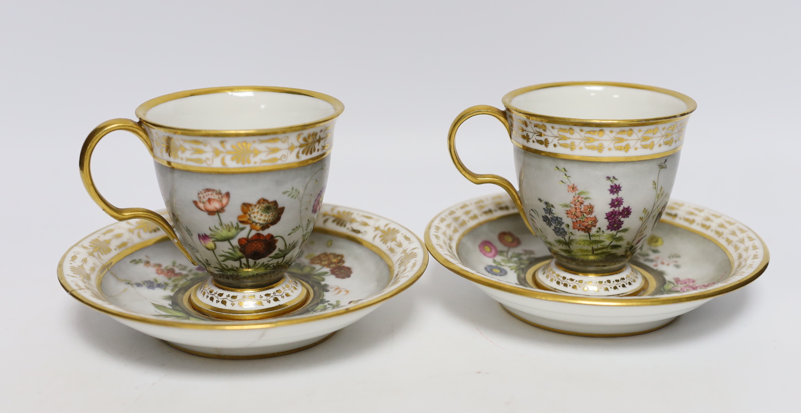 A pair of early 19th century Paris porcelain botanical cups and saucers, one signed Dihl, 9cm high